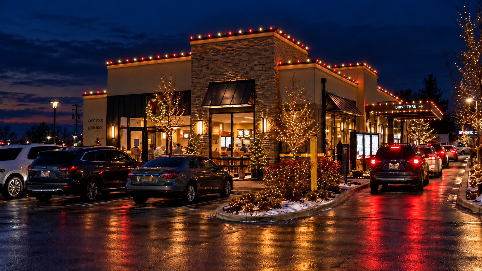 Illustrative commercial holiday design with roofline lights, illuminated trees, and customers at a restaurant drive-through