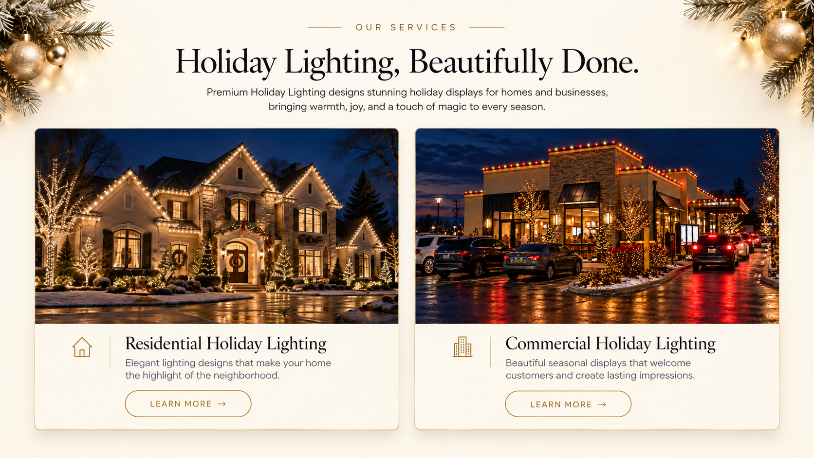 Illustrative holiday design featuring an elegant home with warm roofline and landscape lighting